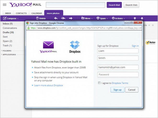 Yahoo! Mail kết hợp Dropbox gửi file dung lượng lớn